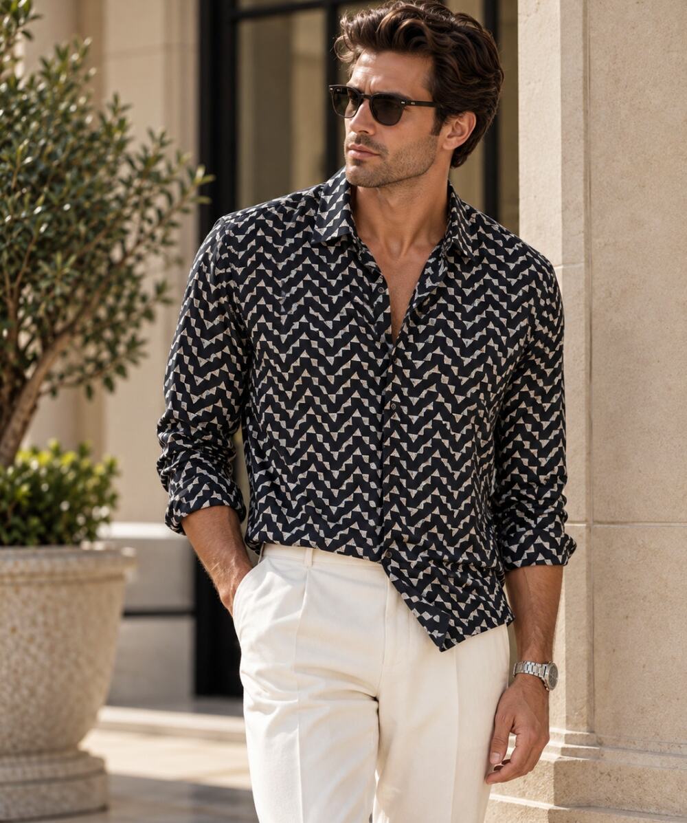 SAINT LAURENT Silk Geometric Print Button Down Shirt Black White Sz 43/17 {TT10}